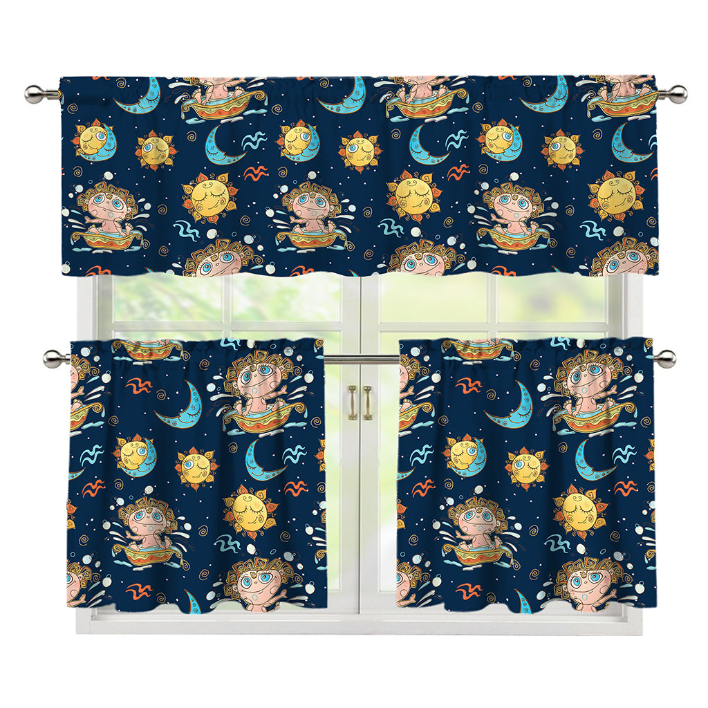 Cute Cartoon Aquarius Pattern Print 3 Piece Kitchen Curtains