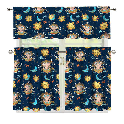 Cute Cartoon Aquarius Pattern Print 3 Piece Kitchen Curtains