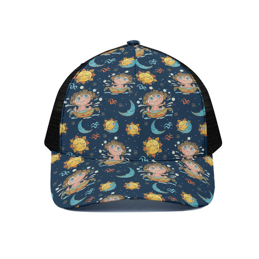Cute Cartoon Aquarius Pattern Print Black Mesh Trucker Cap