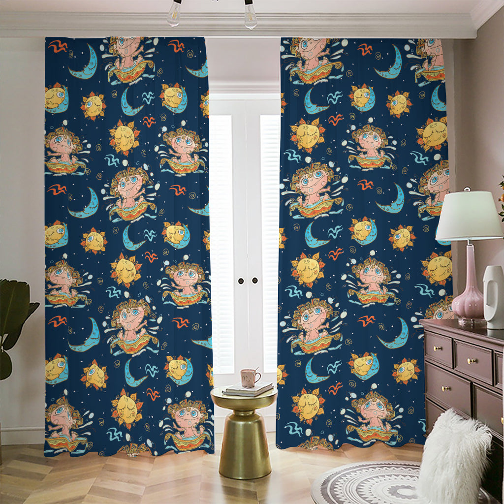 Cute Cartoon Aquarius Pattern Print Blackout Pencil Pleat Curtains