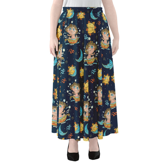 Cute Cartoon Aquarius Pattern Print Chiffon Maxi Skirt