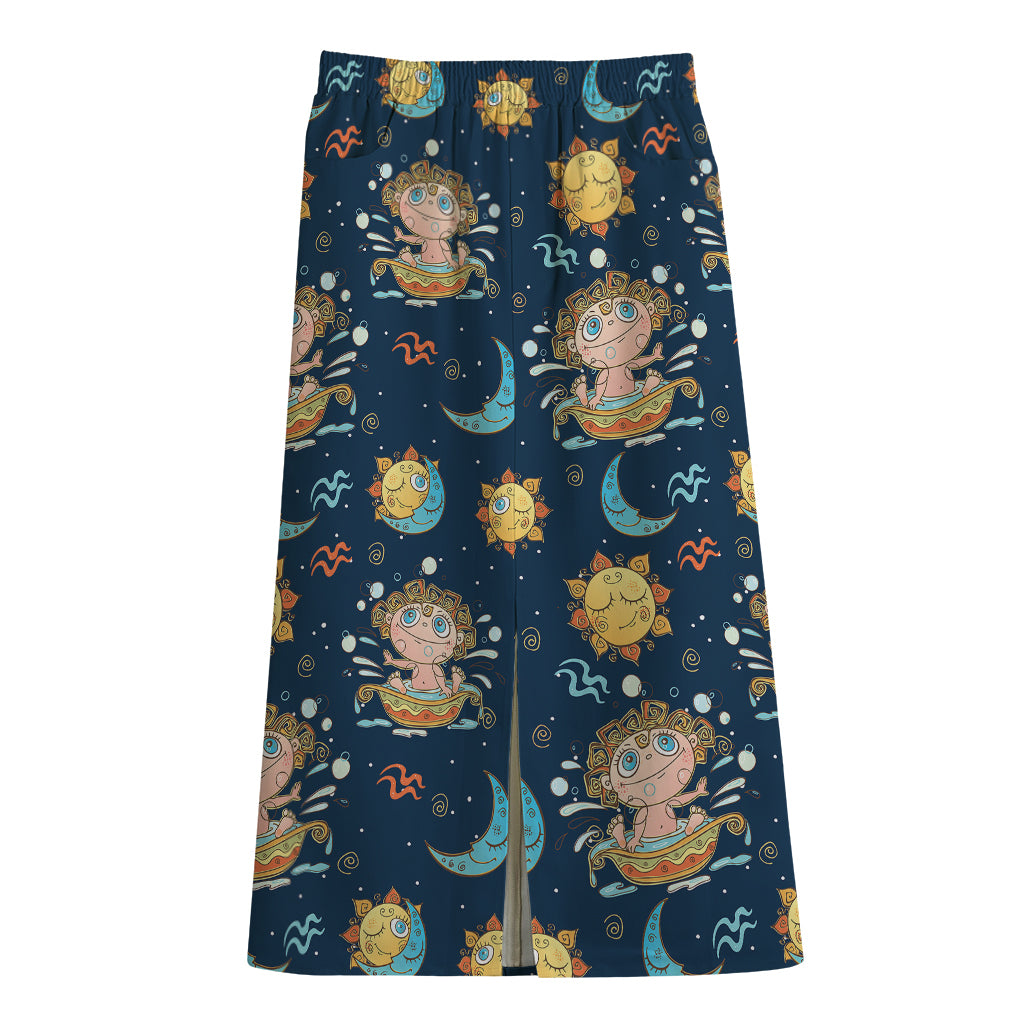 Cute Cartoon Aquarius Pattern Print Cotton Front Slit Maxi Skirt