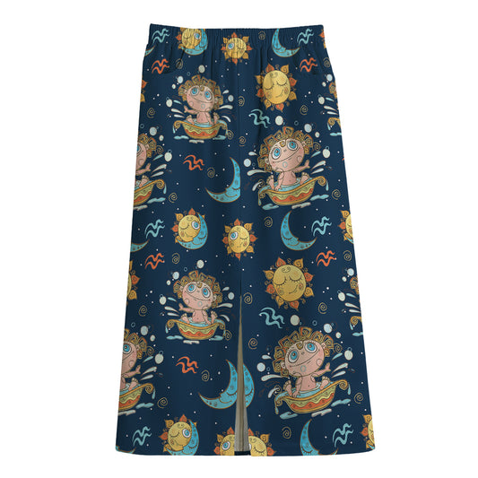 Cute Cartoon Aquarius Pattern Print Cotton Front Slit Maxi Skirt