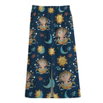 Cute Cartoon Aquarius Pattern Print Cotton Front Slit Maxi Skirt