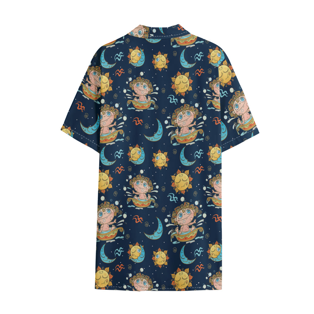 Cute Cartoon Aquarius Pattern Print Cotton Hawaiian Shirt