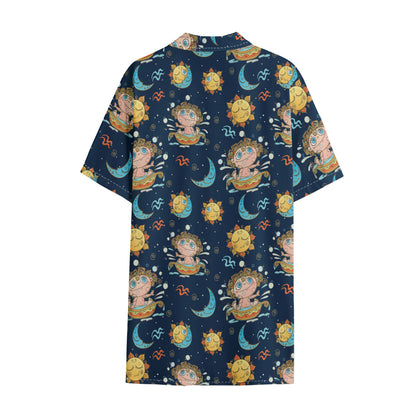 Cute Cartoon Aquarius Pattern Print Cotton Hawaiian Shirt
