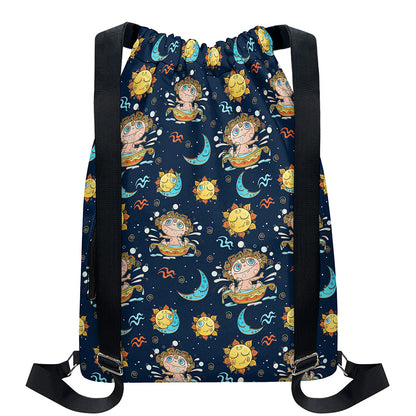 Cute Cartoon Aquarius Pattern Print Drawstring Backpack