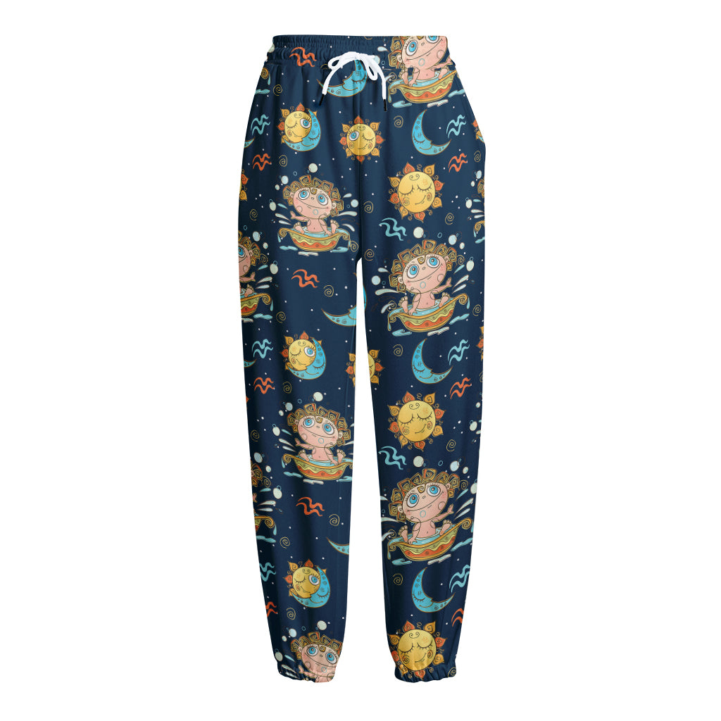 Cute Cartoon Aquarius Pattern Print Fleece Lined Knit Pants