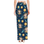 Cute Cartoon Aquarius Pattern Print High Slit Maxi Skirt