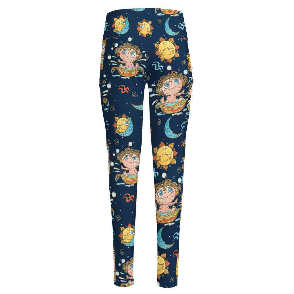 Cute Cartoon Aquarius Pattern Print High-Waisted Pocket Leggings