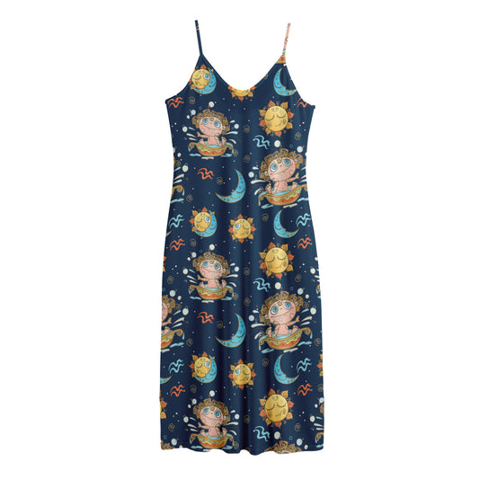 Cute Cartoon Aquarius Pattern Print Jersey Midi Cami Dress