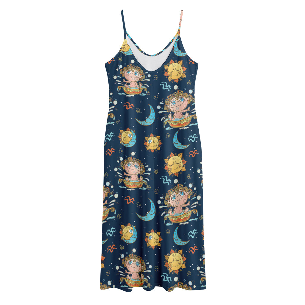 Cute Cartoon Aquarius Pattern Print Jersey Midi Cami Dress