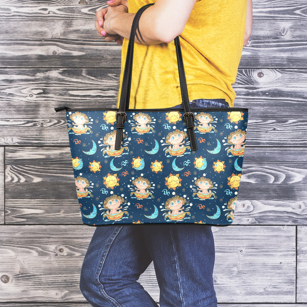 Cute Cartoon Aquarius Pattern Print Leather Tote Bag