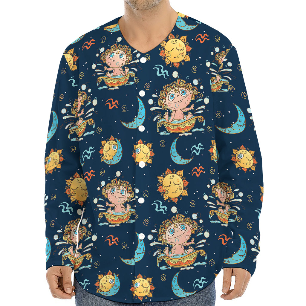 Cute Cartoon Aquarius Pattern Print Long Sleeve Baseball Jersey