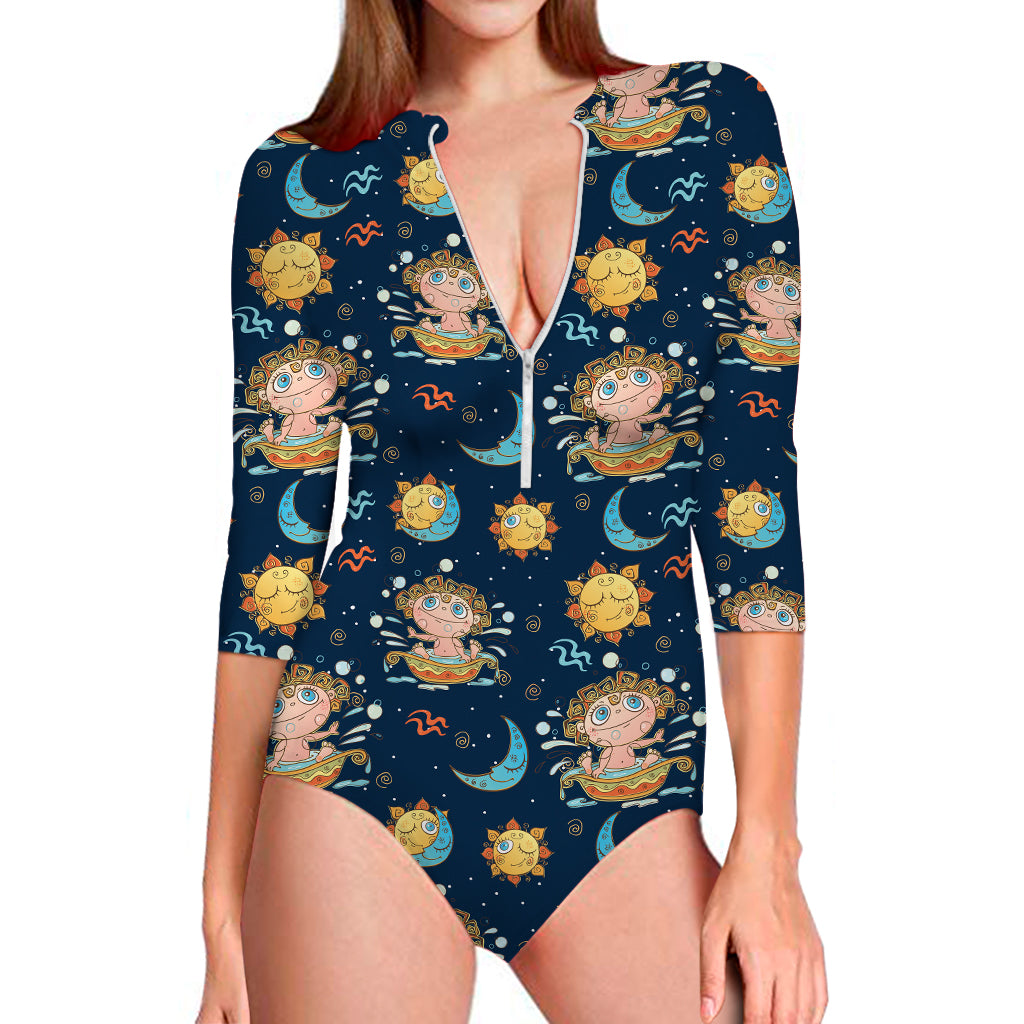 Cute Cartoon Aquarius Pattern Print Long Sleeve Swimsuit