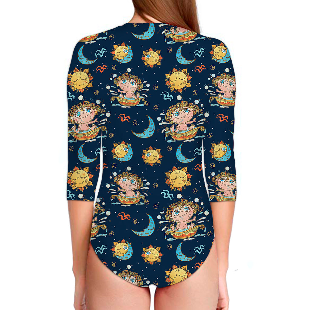 Cute Cartoon Aquarius Pattern Print Long Sleeve Swimsuit