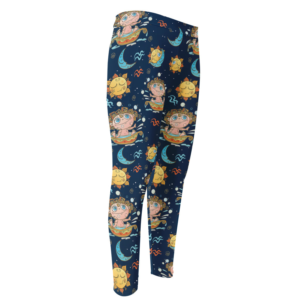 Cute Cartoon Aquarius Pattern Print Men's Compression Pants