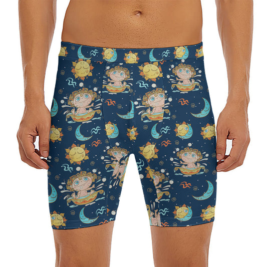 Cute Cartoon Aquarius Pattern Print Men's Long Boxer Briefs
