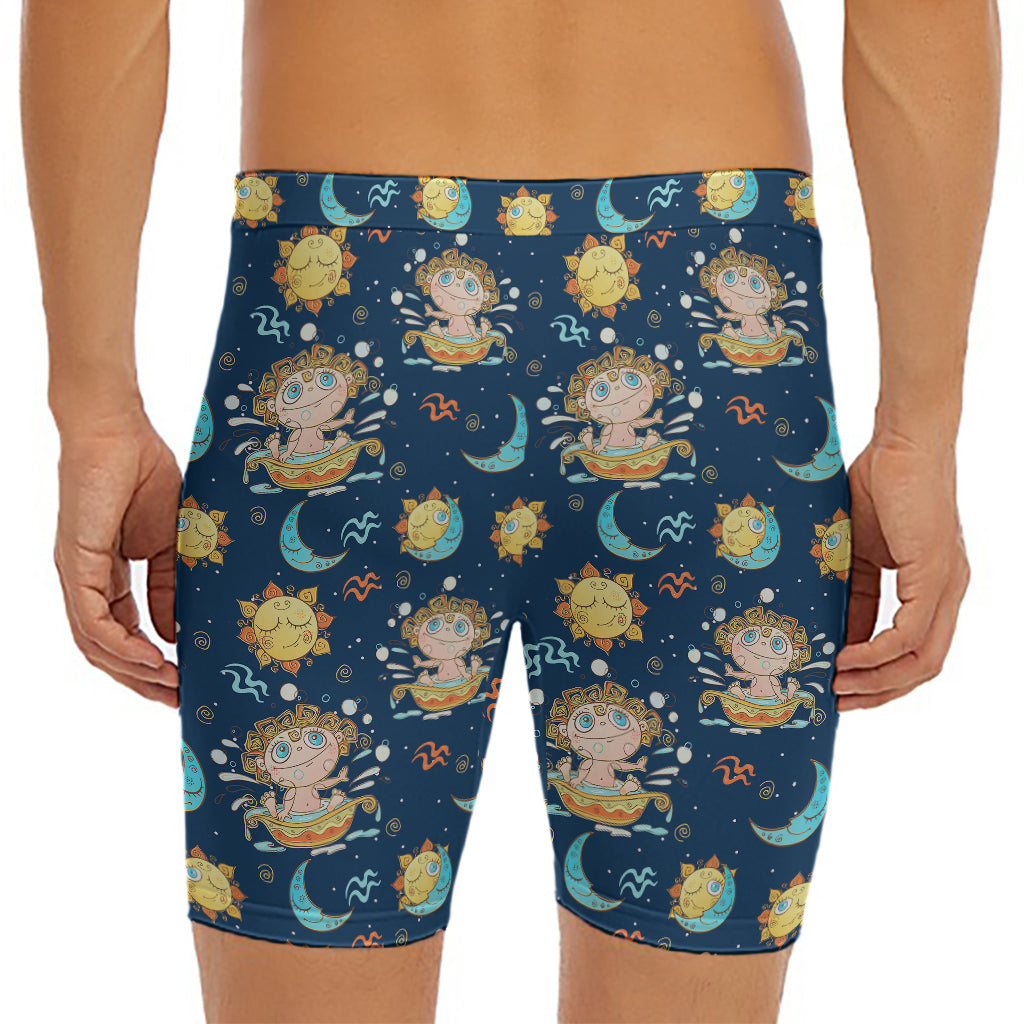 Cute Cartoon Aquarius Pattern Print Men's Long Boxer Briefs