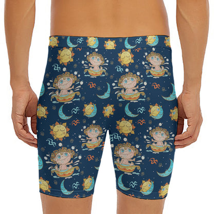 Cute Cartoon Aquarius Pattern Print Men's Long Boxer Briefs