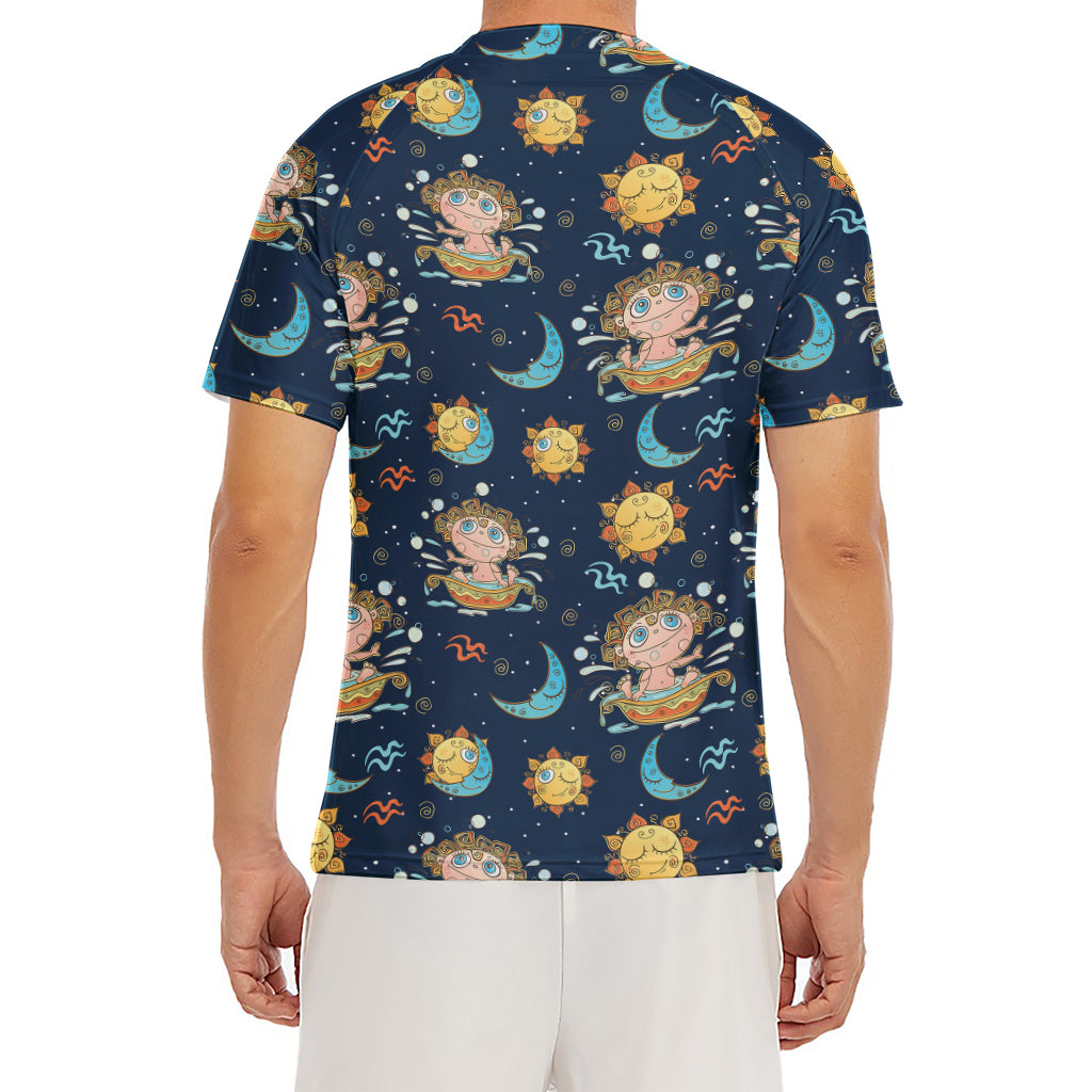 Cute Cartoon Aquarius Pattern Print Men's Short Sleeve Rash Guard