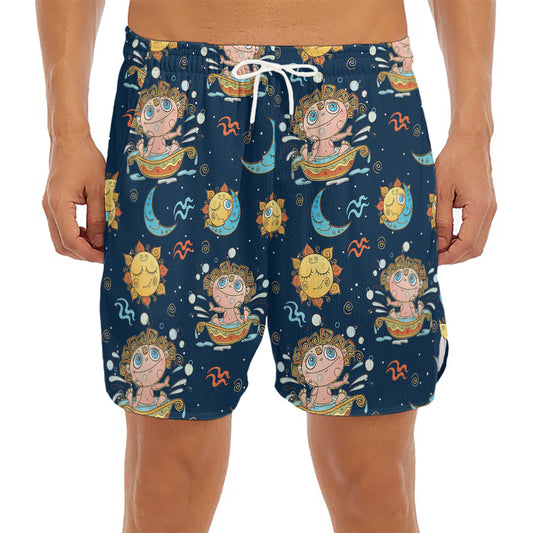 Cute Cartoon Aquarius Pattern Print Men's Split Running Shorts