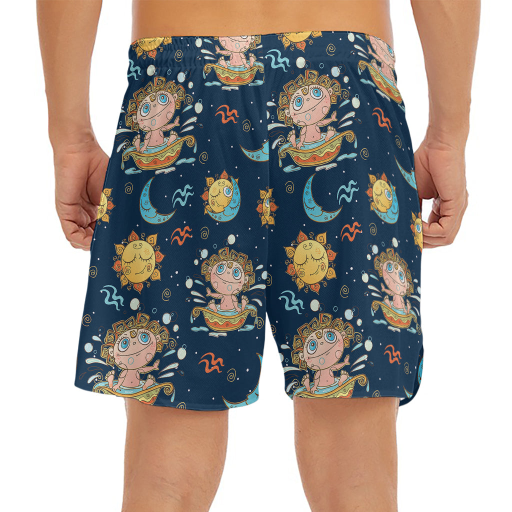 Cute Cartoon Aquarius Pattern Print Men's Split Running Shorts