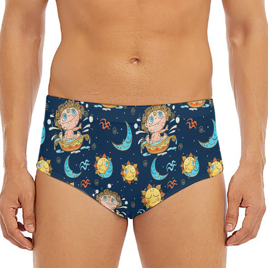 Cute Cartoon Aquarius Pattern Print Men's Triangle Swim Briefs