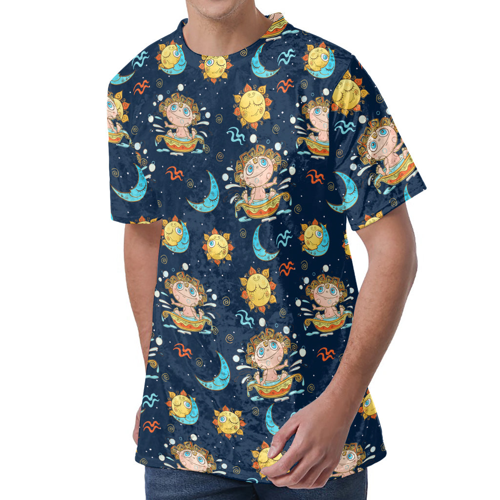 Cute Cartoon Aquarius Pattern Print Men's Velvet T-Shirt