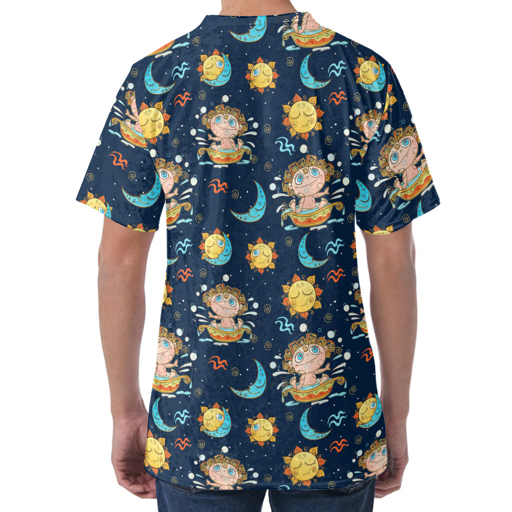 Cute Cartoon Aquarius Pattern Print Men's Velvet T-Shirt