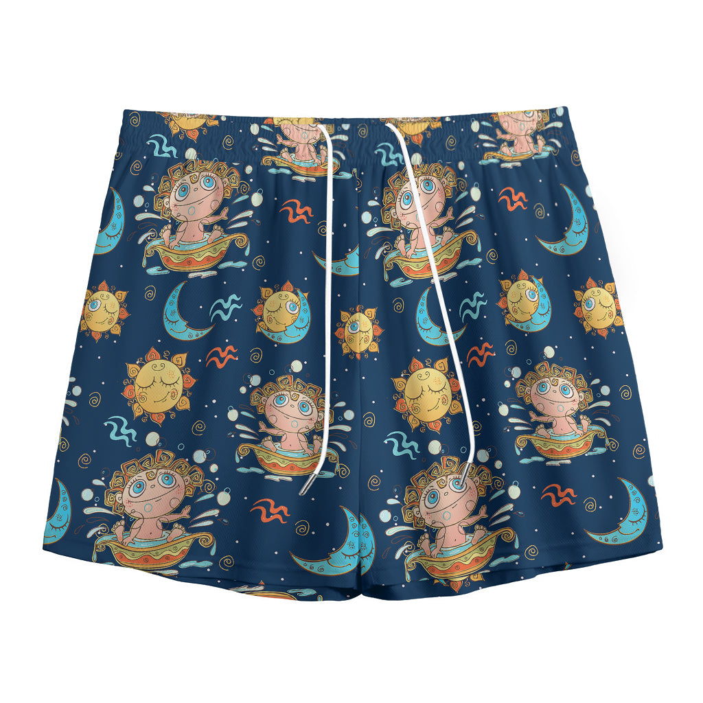 Cute Cartoon Aquarius Pattern Print Mesh Shorts