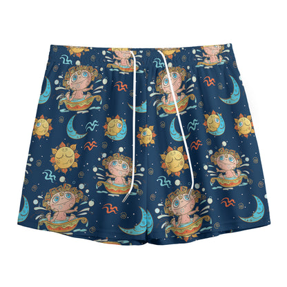 Cute Cartoon Aquarius Pattern Print Mesh Shorts