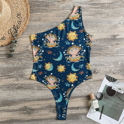 Cute Cartoon Aquarius Pattern Print One Shoulder Bodysuit