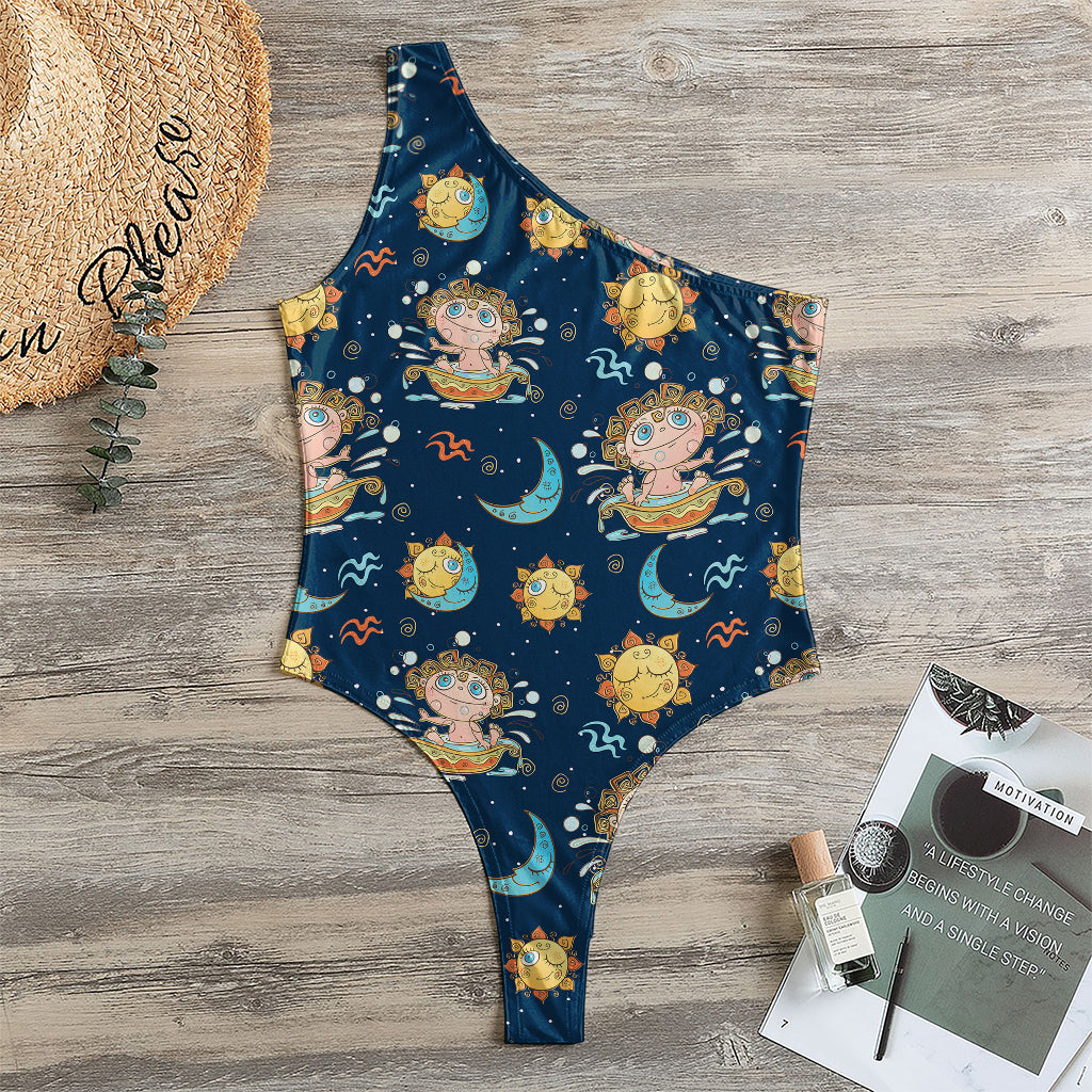 Cute Cartoon Aquarius Pattern Print One Shoulder Bodysuit