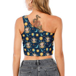 Cute Cartoon Aquarius Pattern Print One Shoulder Crop Top