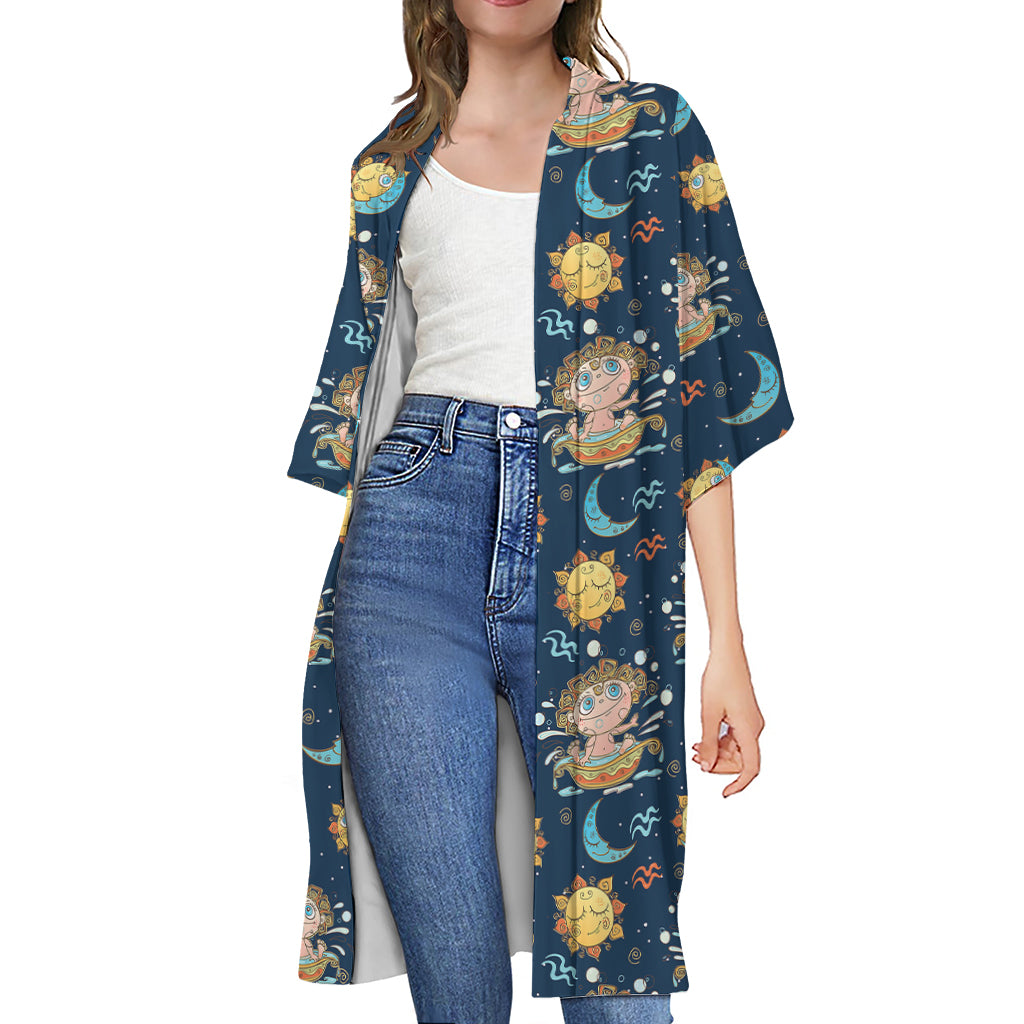 Cute Cartoon Aquarius Pattern Print Open Front Beach Cover Up