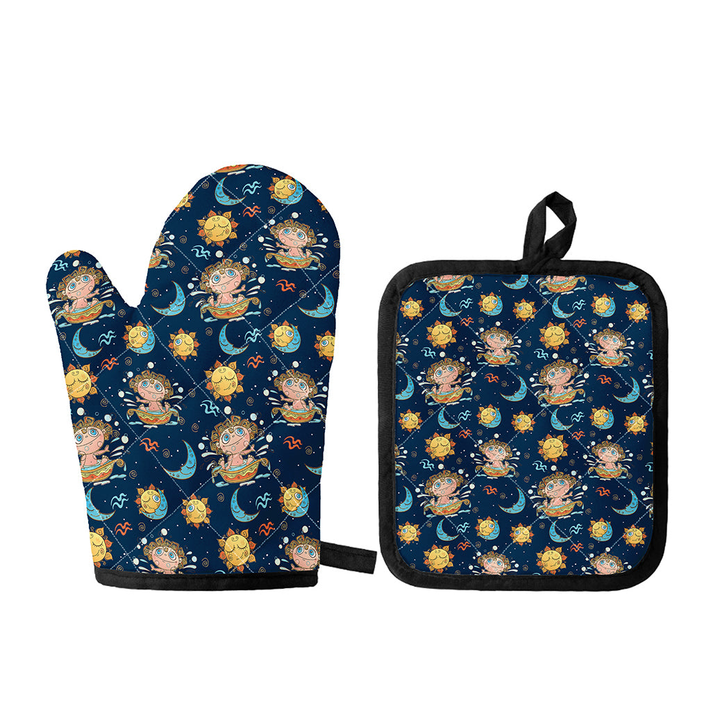 Cute Cartoon Aquarius Pattern Print Oven Mitt And Pot Holder Set