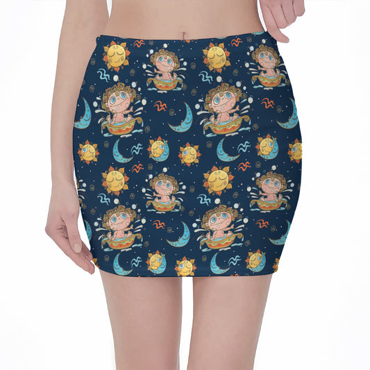 Cute Cartoon Aquarius Pattern Print Pencil Mini Skirt