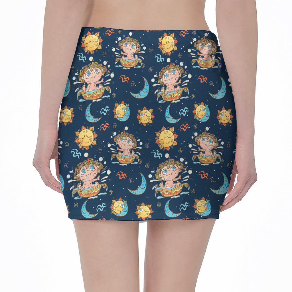 Cute Cartoon Aquarius Pattern Print Pencil Mini Skirt