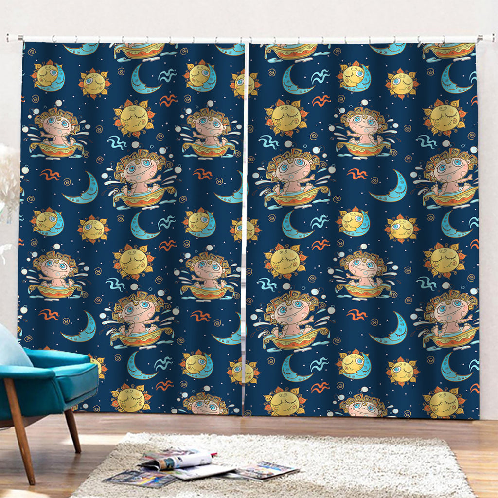 Cute Cartoon Aquarius Pattern Print Pencil Pleat Curtains