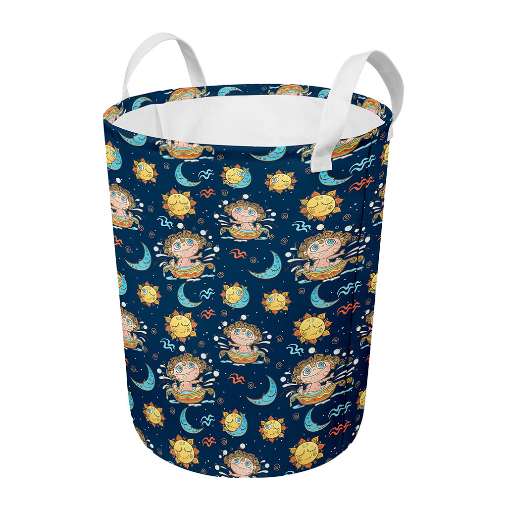 Cute Cartoon Aquarius Pattern Print Round Laundry Basket