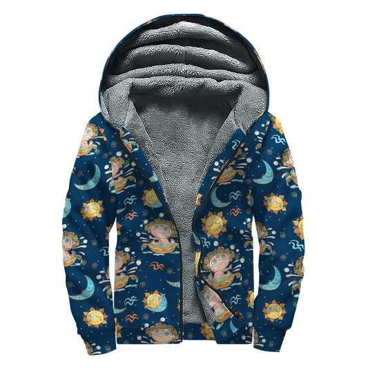 Cute Cartoon Aquarius Pattern Print Sherpa Lined Zip Up Hoodie