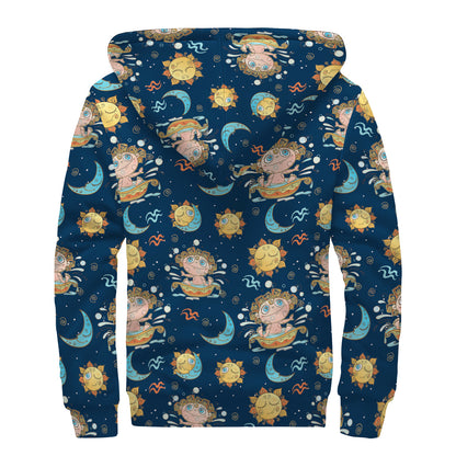 Cute Cartoon Aquarius Pattern Print Sherpa Lined Zip Up Hoodie