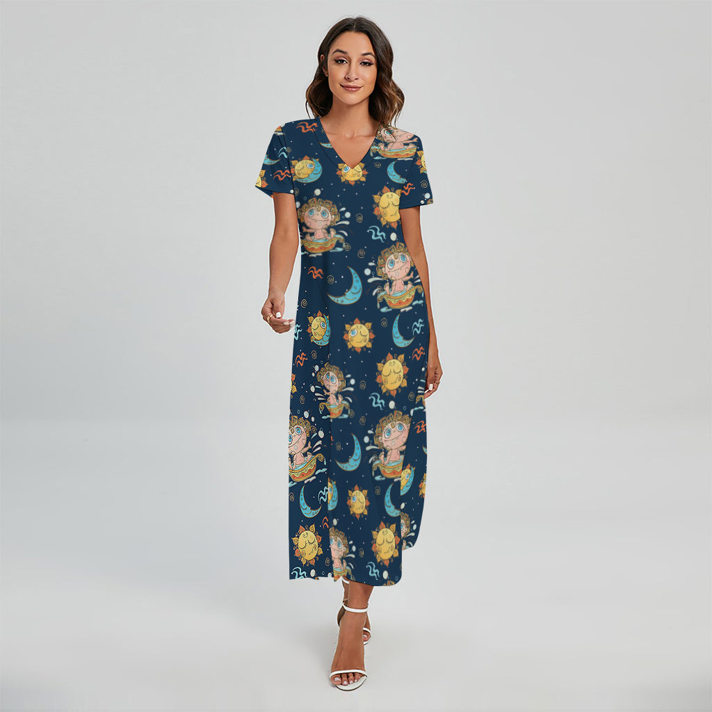 Cute Cartoon Aquarius Pattern Print Short Sleeve Maxi Dress