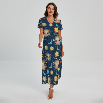 Cute Cartoon Aquarius Pattern Print Short Sleeve Maxi Dress