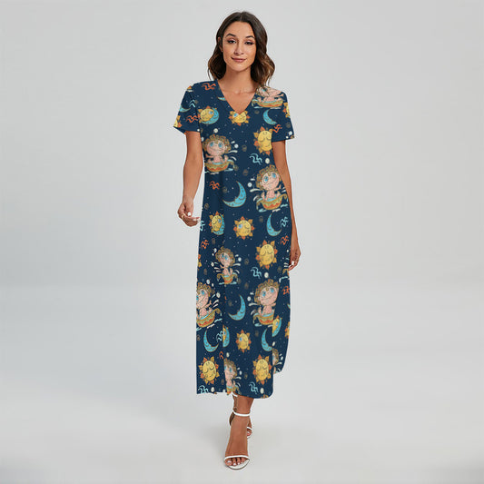 Cute Cartoon Aquarius Pattern Print Short Sleeve Maxi Dress