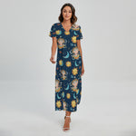 Cute Cartoon Aquarius Pattern Print Short Sleeve Maxi Dress