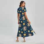 Cute Cartoon Aquarius Pattern Print Short Sleeve Maxi Dress
