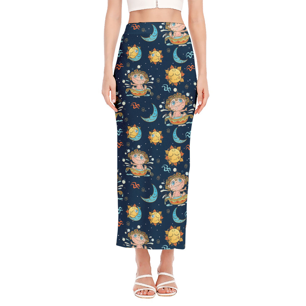 Cute Cartoon Aquarius Pattern Print Side Slit Maxi Skirt