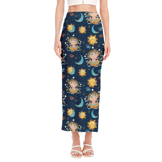 Cute Cartoon Aquarius Pattern Print Side Slit Maxi Skirt